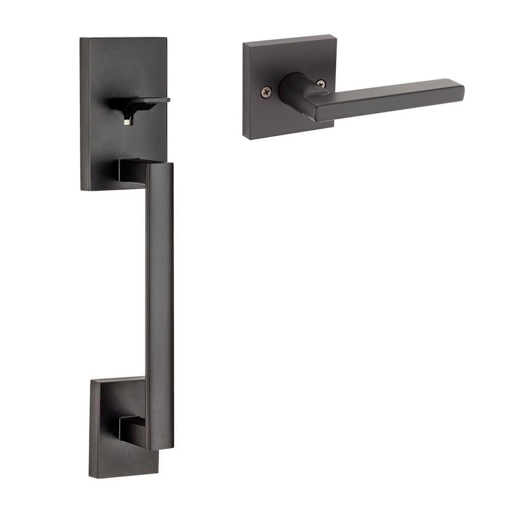 Kwikset San Clemente Matte Black Door Handleset with Halifax Square Door Lever with Microban Antimic | The Home Depot