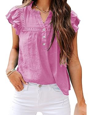 Orchidays Women's V Neck Lace Crochet Shirts Short Sleeve Button Down Casual Solid Blouse Tops | Amazon (US)
