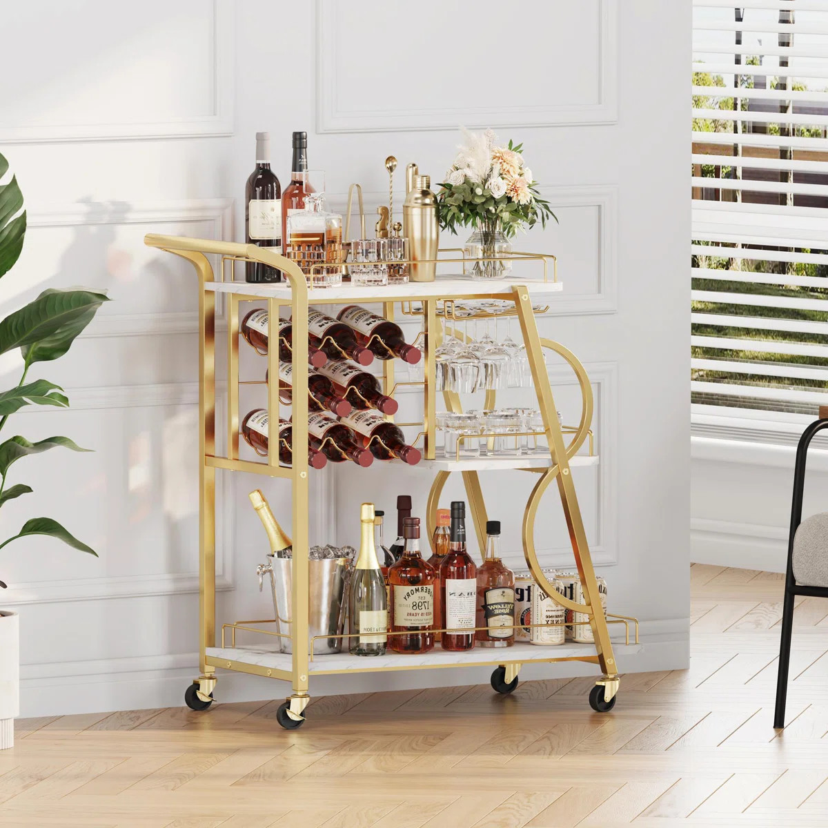 35.43" W 3-Tier Bar Cart with Wine Rack and Stemware Holder | Wayfair North America