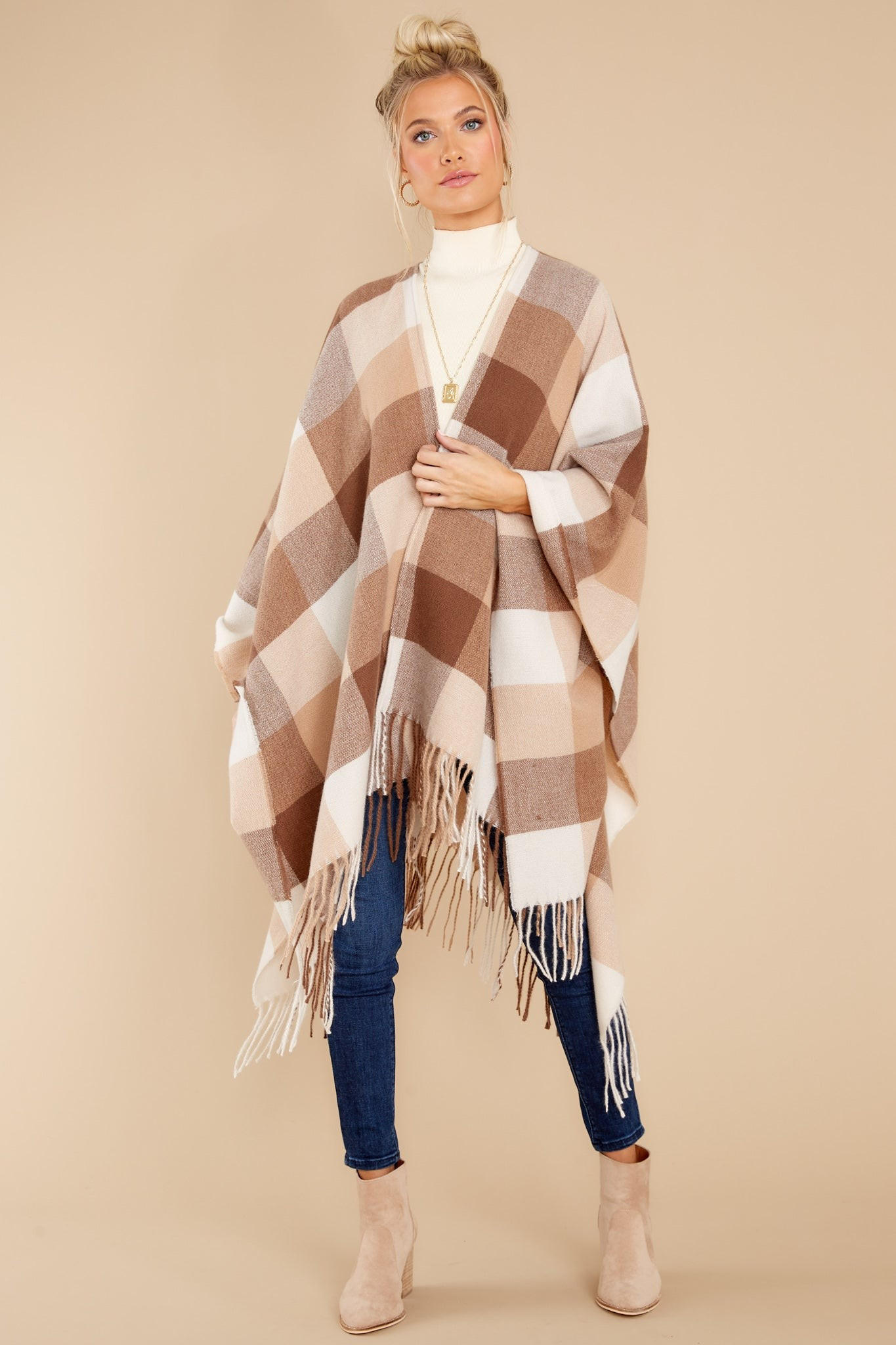 Caramel Dream Light Brown Plaid Poncho Cardigan | Red Dress 