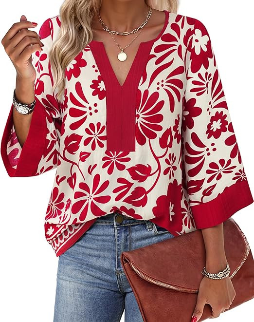 Bebonnie Women Blouses Dressy Casual 3/4 Sleeve V Neck Floral Loose Fit Tunic Tops | Amazon (US)