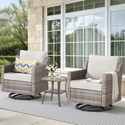 Buenhomino 3 Pieces Patio Furniture Set-High Back Swivel Patio Chairs Set of 2 with Outdoor Side Table Patio Table and Chairs Set for Porch Deck Balcony Garden Grey/Beige | Amazon (US)