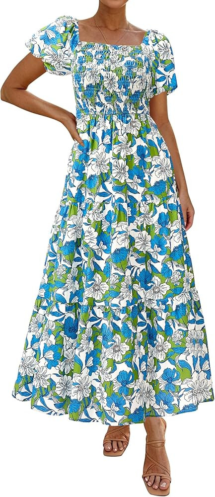 PRETTYGARDEN Womens Summer Puff Short Sleeve Maxi Dress Square Neck Smocked Tiered Ruffle A Line ... | Amazon (US)