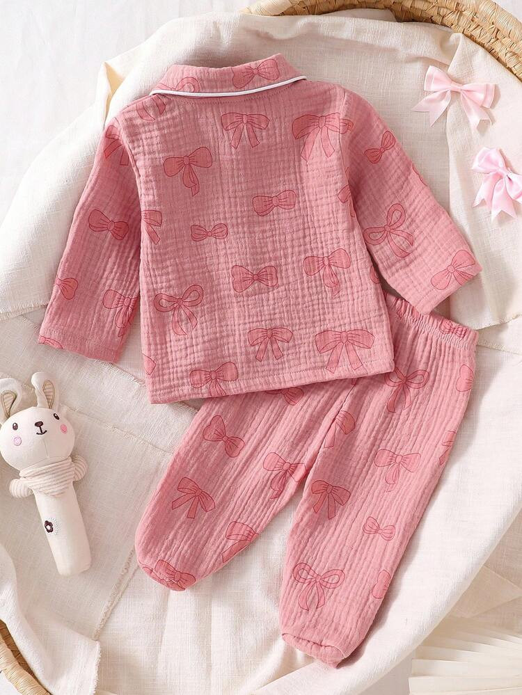2pcs Newborn Baby Girls' Cute Bow Pattern Long Sleeve Top And Pants Casual Comfortable Pajamas Se... | SHEIN
