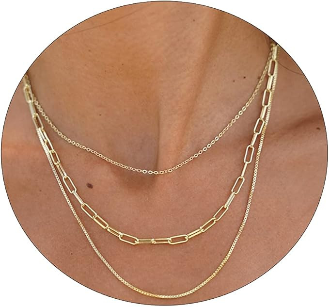 VIROMY Dainty Gold Necklace for Women 14K Gold Plated Layered Satellite Necklaces Trible Layering... | Amazon (US)