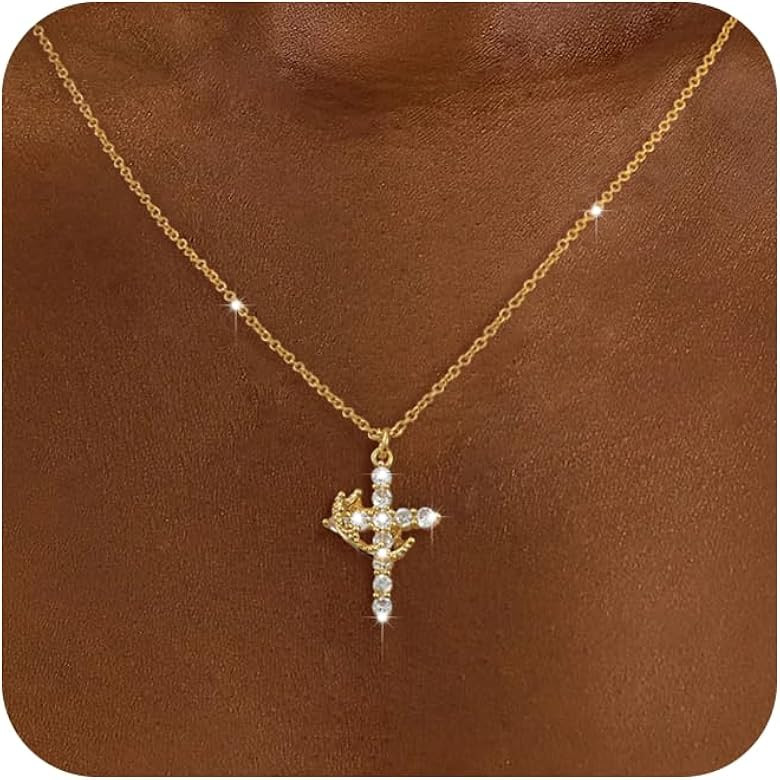 Tewiky Diamond Cross Necklace for women-Dainty 14k Gold Cubic Zirconia Pendant Necklaces Simple G... | Amazon (US)