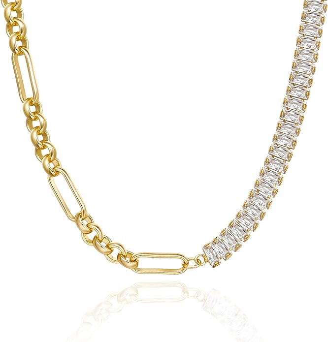 KissYan Diamond Tennis Necklace for Women, 14K/White Gold Plated Cubic Zirconia Baguette Tennis C... | Amazon (US)