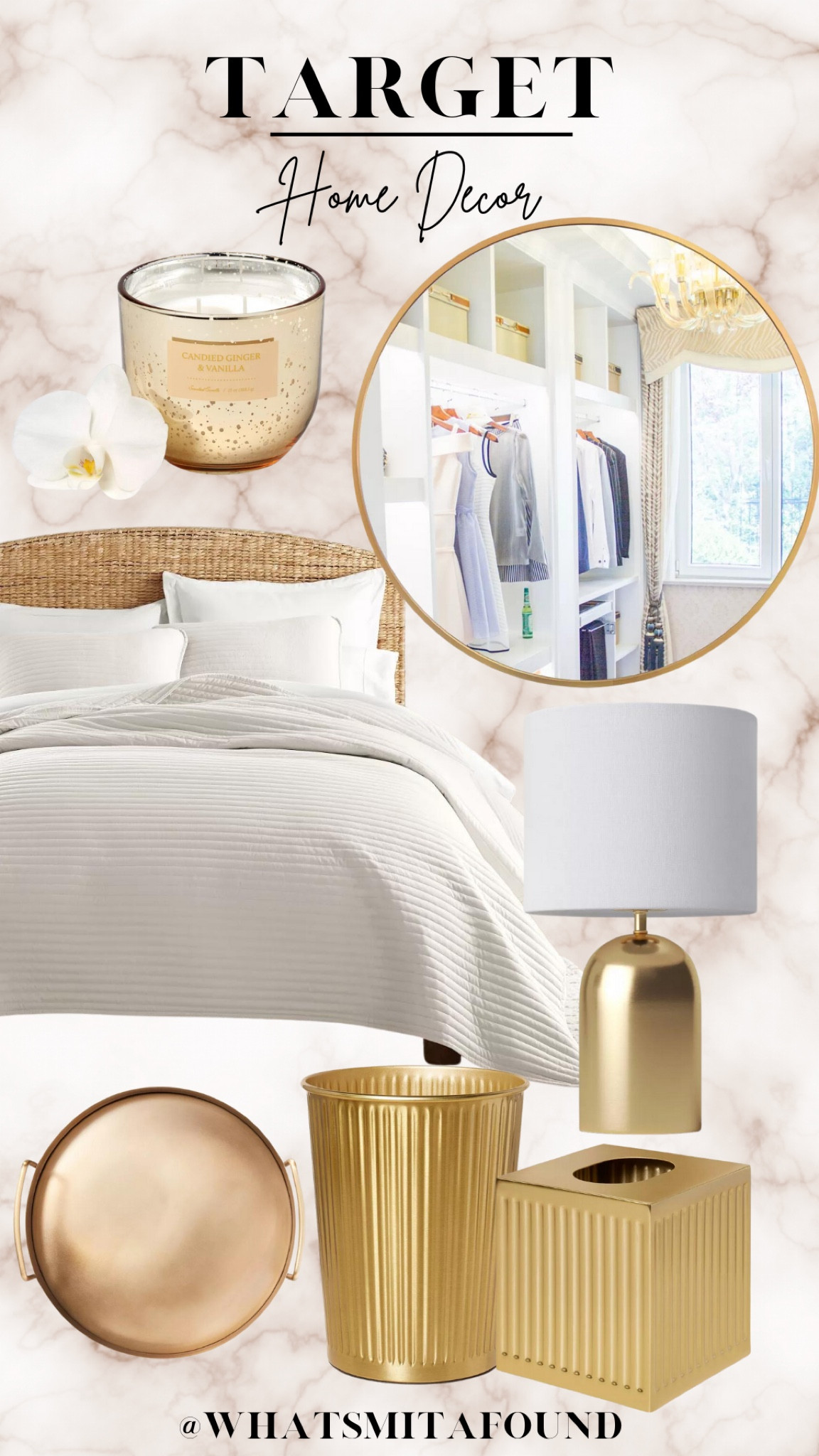 Spice up your house with these gold accent Target home decorations! Target home decor, gold mirror, accent mirror, accent lamp, round decor gray, brass tissue box, brass wastebasket, glass candle, target home 

#LTKHome
