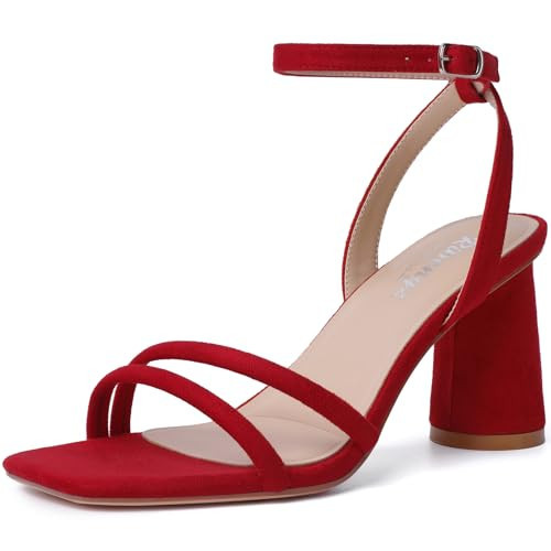 RIBONGZ Red Heels for Women Chunky Block Strappy Heeled Sandals Square Open Toe Suede High Heels Wedding Party Prom Dress Shoes 9.5 | Amazon (US)