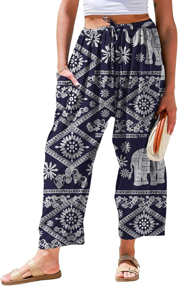 TARSE Womens Linen Wide Leg Pants Casual Loose Drawstring Summer 2025 Beach Travel Vacation Palaz... | Amazon (US)