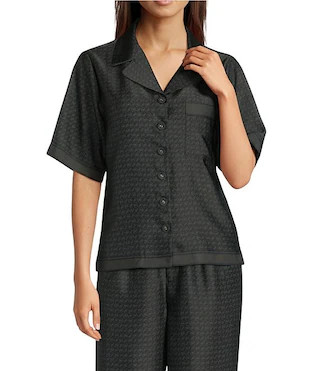 Le' AL.X Logo Print Satin Notch Lapel Short Sleeve Cropped Coordinating Camp Shirt | Dillard's | Dillard's