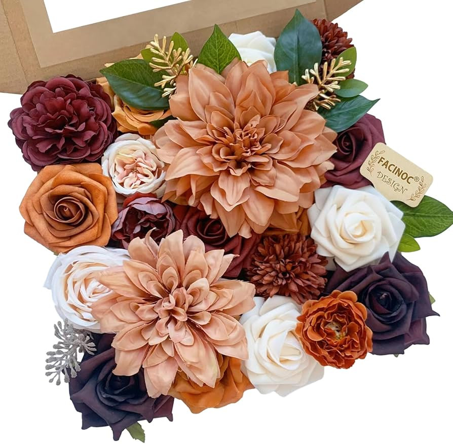 Amazon.com: FACINOC Roses Artificial Flowers Orange Bouquet Box Set Fake Flower with Stems for DI... | Amazon (US)