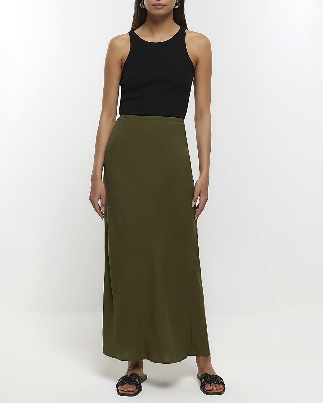 Khaki midi skirt with linen | River Island (UK & IE)