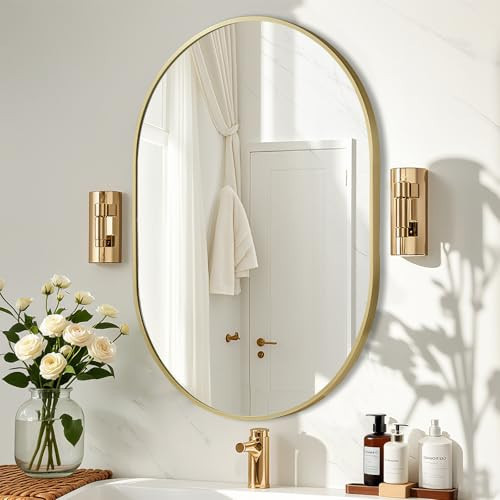 JENBELY Gold Oval Mirror, 22x30 Inch Pill Shaped Metal Frame Mirror, Oval Bathroom Mirrors for Over Sink, Wall-Mounted Mirrors for Hallway,Living Room, Fireplace | Amazon (US)
