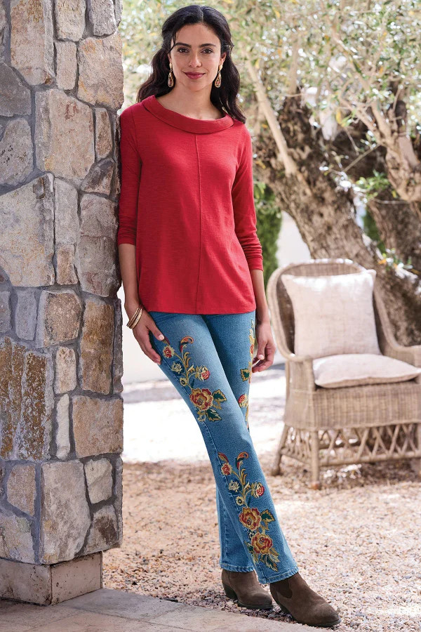Floral Embroidered Bootcut Jeans | Soft Surroundings