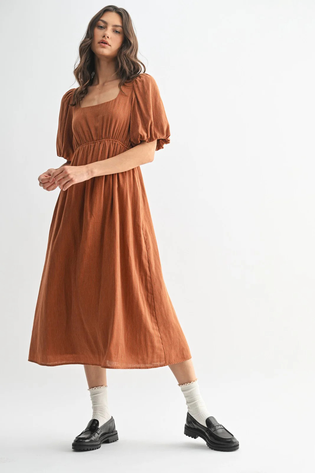 Rust Ribbed Puff Sleeve Tie Back Midi Dress | PinkBlush Maternity
