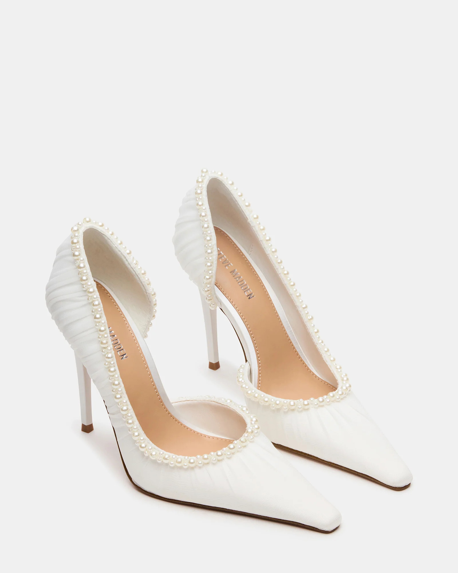 ELEGANT Pearl Ivory Mesh Ruched Pointed-Toe Stiletto Pump Women's Heel | Steve Madden (US)