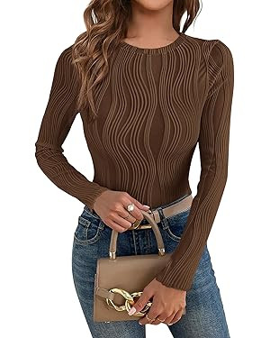 PRETTYGARDEN Women's Tops 2026 Spring Fashion Long Sleeve Crewneck Blouse Fitted Textured Basic K... | Amazon (US)