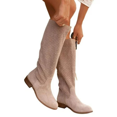 KDFJPTH Women s Autumn And Winter Khaki Comfortable Low Heel Round Toe Perforated Suede Boots Tall Boots for Women Wide Calf Knee High Wide Calf Knee High Boots for Women Tan | Walmart (US)