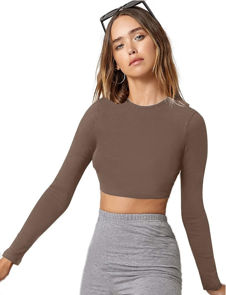 Verdusa Women's Basic Long Sleeve Crew Neck Fitted Crop Top Tee Shirt | Amazon (US)