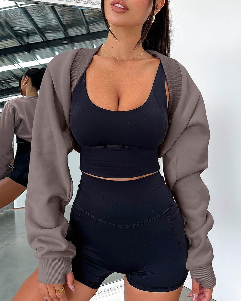 Zwurew Women's Bolero Shrug Long Sleeve Cropped Sweatshirt with Thumb Hole Workout Shrugs Open Fr... | Amazon (US)