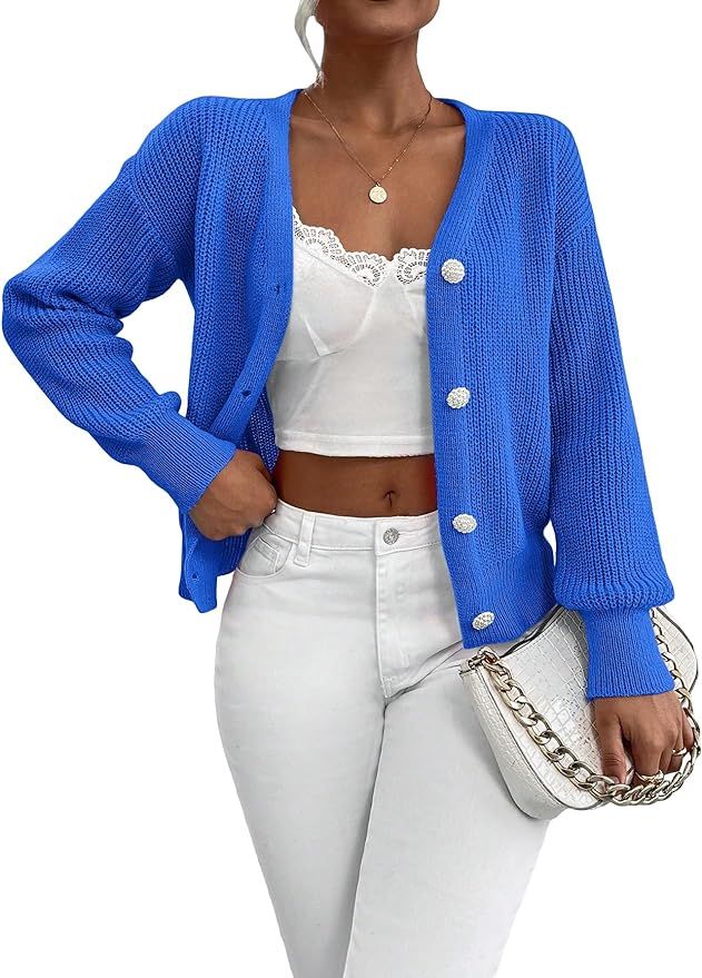 SHENHE Women's Button Down V Neck Drop Shoulder Plain Cute Cardigan Sweater Outerwear | Amazon (US)