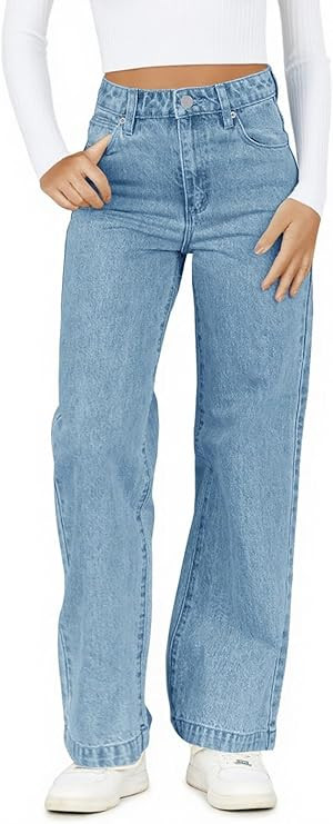 Haloumoning Girl’s Elastic Waist Jeans Straight Leg Demin Pants Casual Stretch Long Pants with ... | Amazon (US)