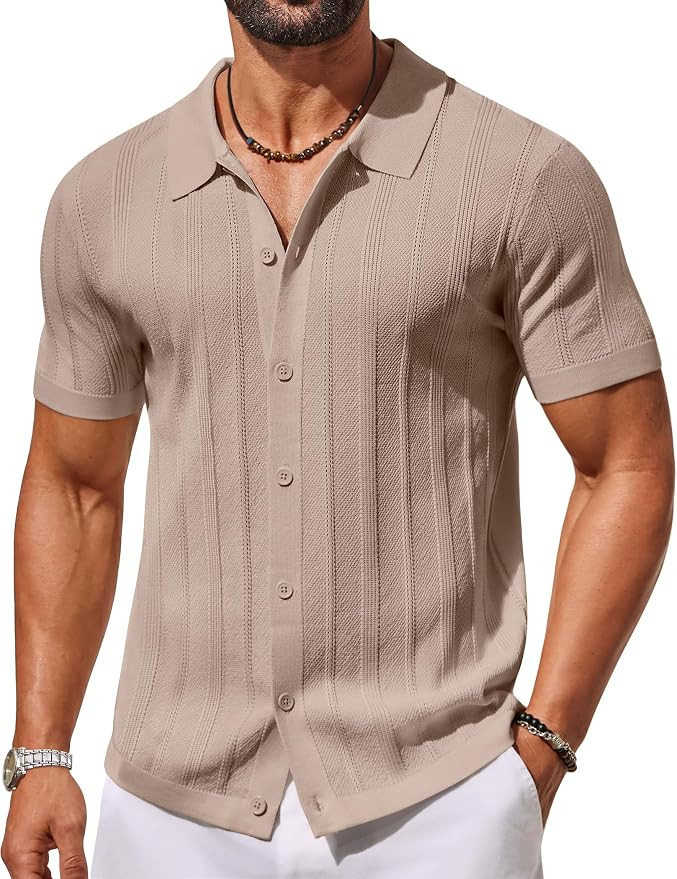 COOFANDY Men's Knit Button Down Shirts Short Sleeve Polo Shirt Casual Vacation Summer Beach Shirt... | Amazon (US)