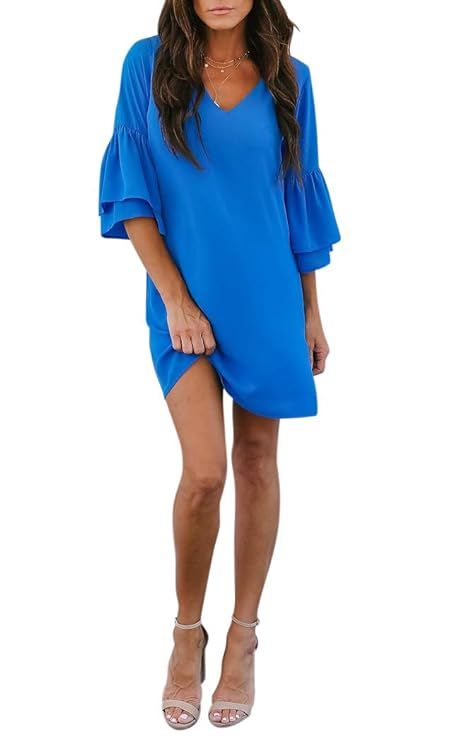 BELONGSCI Women's Dress Sweet & Cute V-Neck Bell Sleeve Shift Dress Mini Dress | Amazon (US)