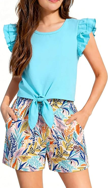 AMAWMW Kids Girls 2 Piece Outfits Summer Clothes Short Sleeve Tie Knot Ruffle Shirts Tops Floral ... | Amazon (US)