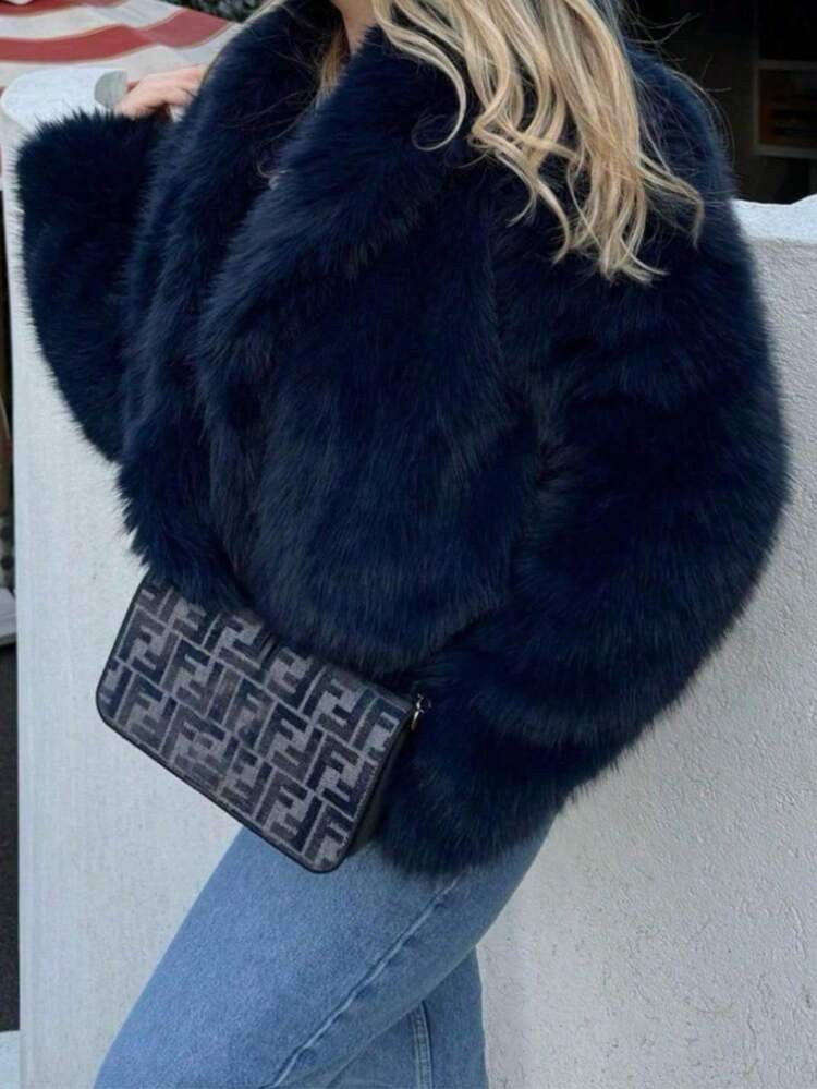 Camellia New Autumn/Winter Faux Fox Fur Collar Fashionable Short Jacket, Youthful Artificial Fur Coat | SHEIN