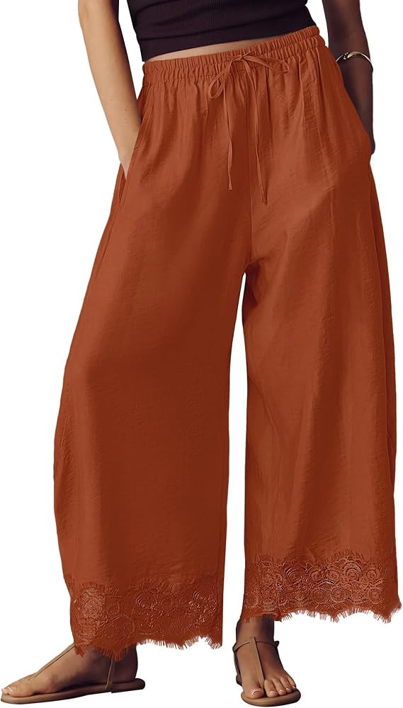 Bsubseach Cropped Pants Women Comfy Lace Hem Wide Leg Pants with Pockets | Amazon (US)