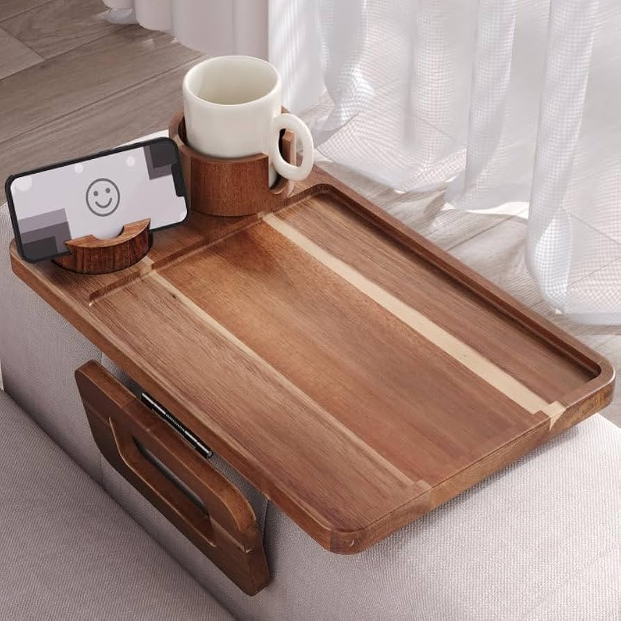 3 in 1 Acacia Wood Couch Arm Tray,Couch Tray with Cup Holder and Phone Holder,Folding Sofa Armres... | Amazon (US)