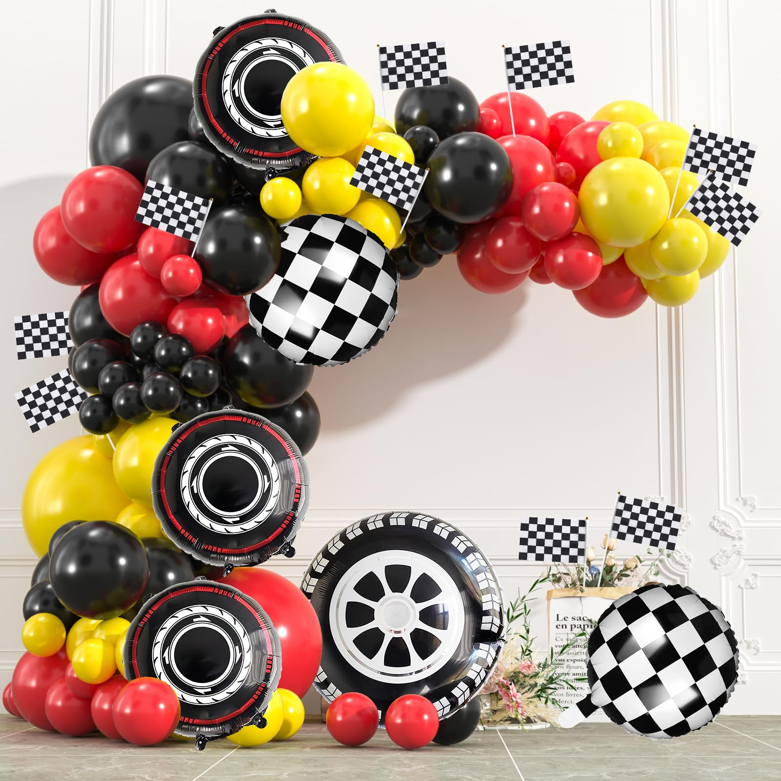 178pcs Race Car Balloon Garland Arch, Red Black Yellow Balloons Decoration with Checkered Flags a... | Amazon (US)