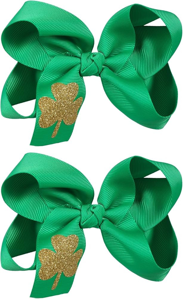 St Patricks Day Glitter Gold Shamrock Hair Bow Clips Irish Lucky Green Clover Print Alligator Bar... | Amazon (US)