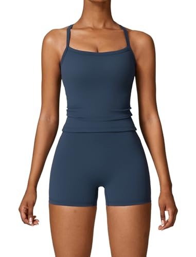 QBGJTD Two Piece Workout Sets For Women Straps Cross Back Tank Top Matching High Waist Booty Lifting Biker Shorts 2 Piece Gym Yoga Active Wear Outfits Womens Athletic Work Out Clothes Dark Blue S | Amazon (US)