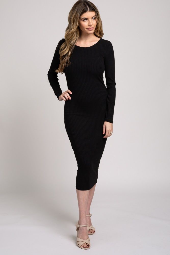 Waverleigh Black Ribbed Long Sleeve Fitted Maternity Midi Dress | PinkBlush Maternity