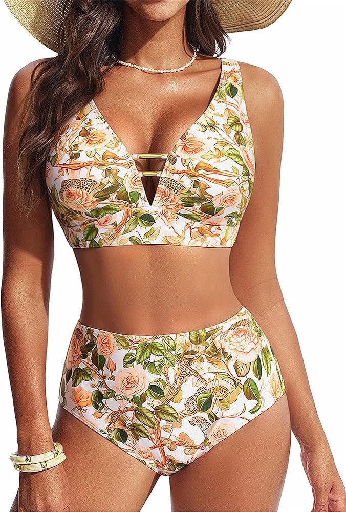 Hanna Nikole Womens High Waisted Bikini Sets Floral Print, 2 Piece Swimsuits Cutout, V Neck Bathi... | Amazon (US)