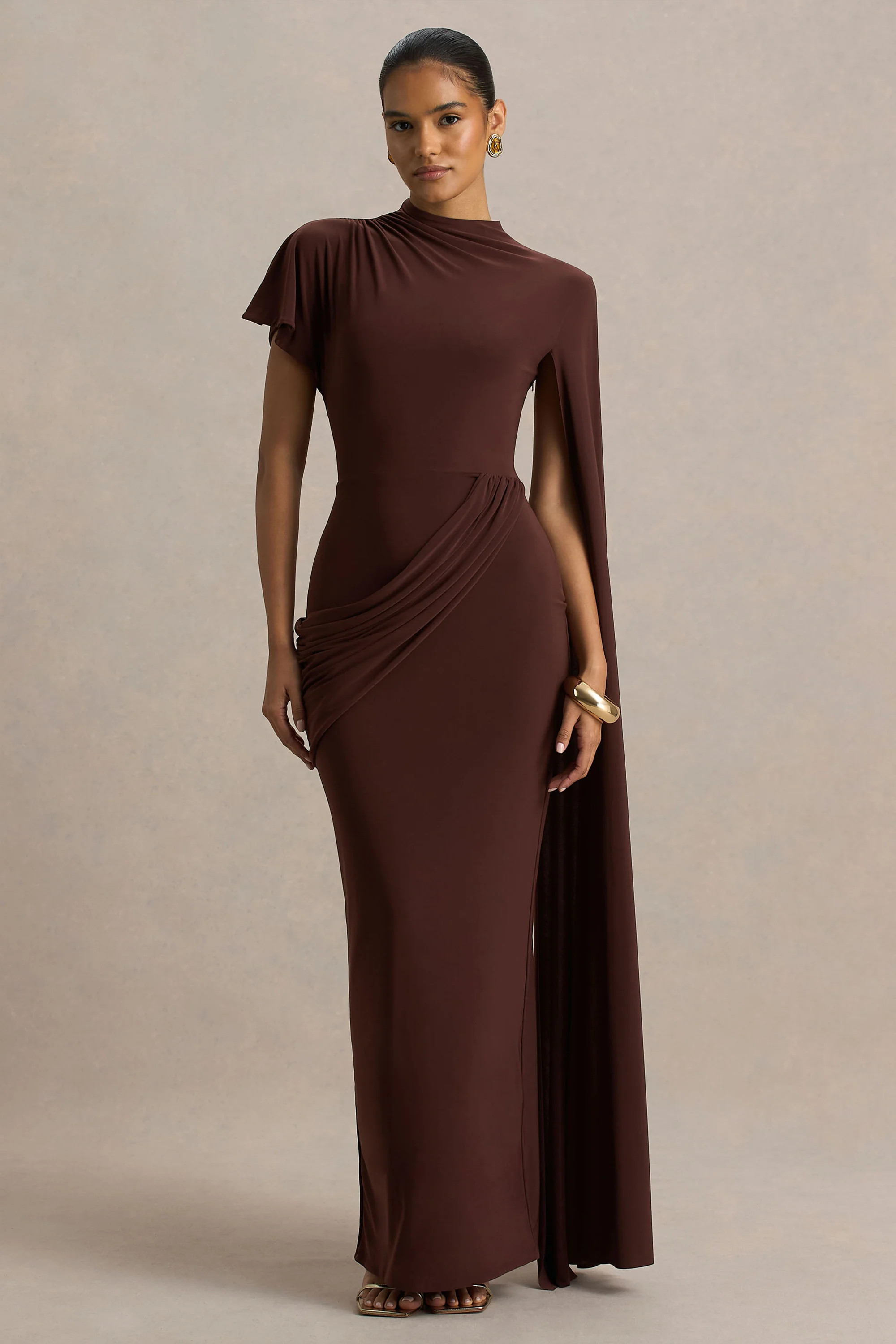 Tropic | Brown High-Neck Maxi With Long Cape Sleeve | Club L London