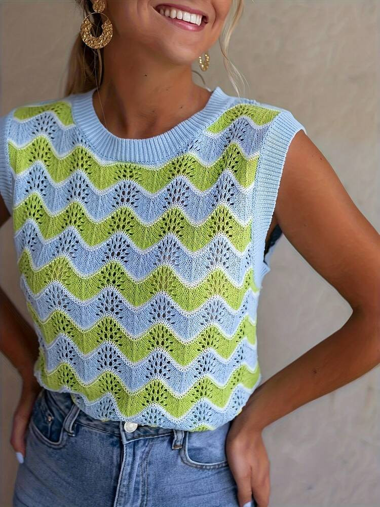 1pc Women's Contrast Stripe And Mesh Knit Sweater Vest, Summer, Color Same As Picture | SHEIN