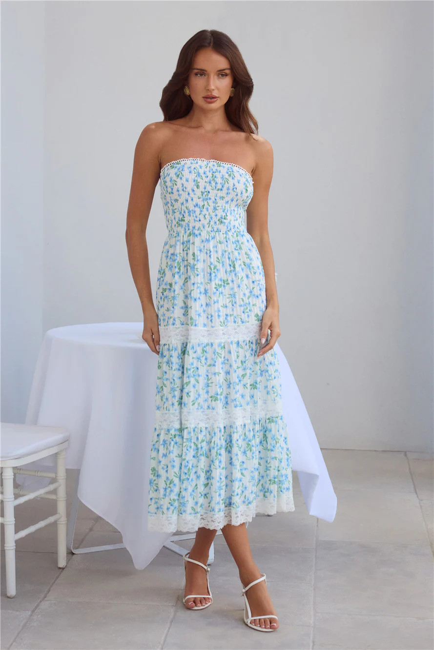 Under Palm Trees Strapless Midi Dress Blue | Hello Molly (US)