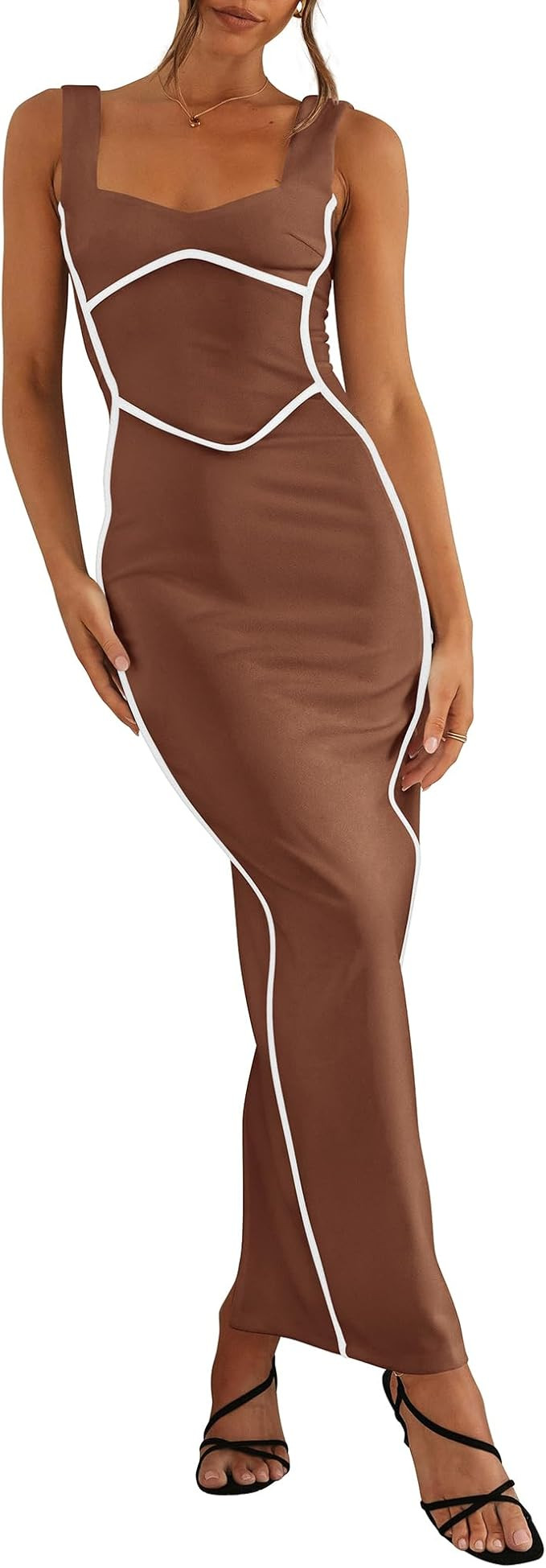 BTFBM Women Maxi Bodycon Dresses Square Neck Sleeveless Contrast Binding Split Cocktail Party Clu... | Amazon (US)