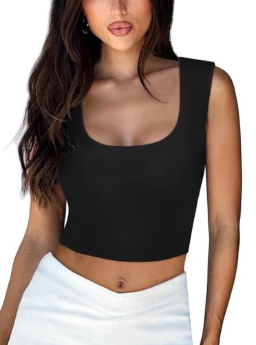 REORIA Women's Summer Sexy Square Neck Sleeveless Slim Fit Double Lined Basic Cropped Tops Going Out Crop Tank Tops Black X-Large | Amazon (US)