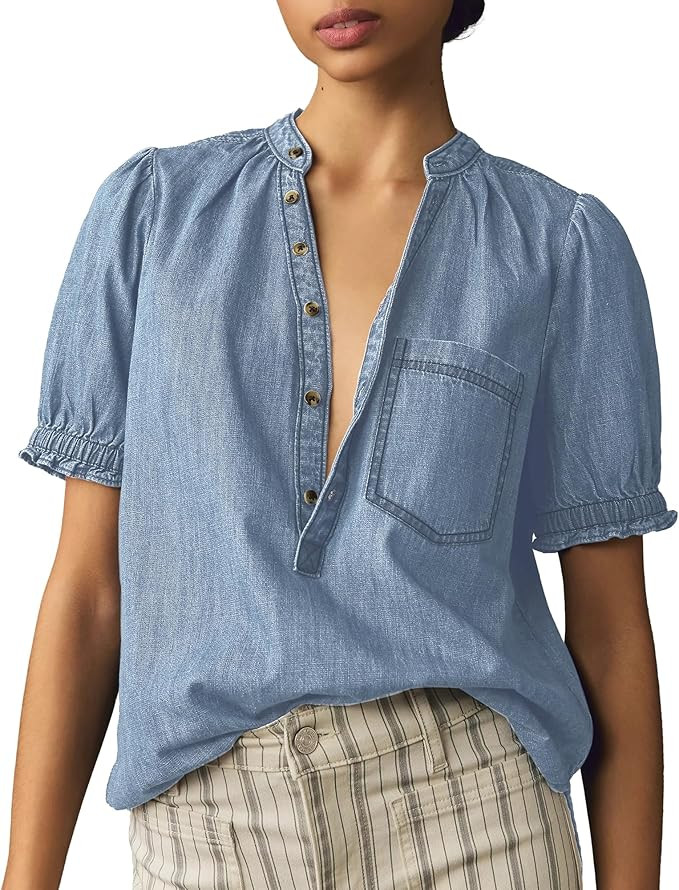 Locachy Women's Half Button Mock Neck Denim Shirt Casual Puff Short Sleeve Denim Blouse Top | Amazon (US)