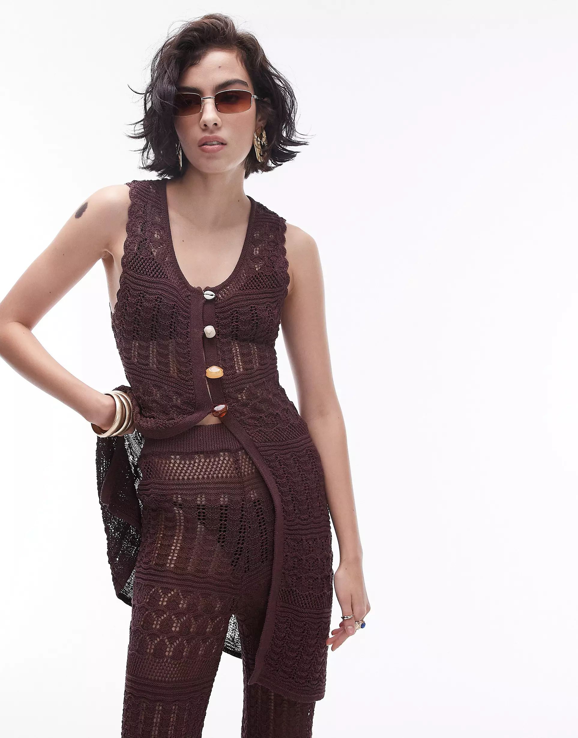Topshop knitted long line trouser waistcoat co-ord in brown | ASOS (Global)