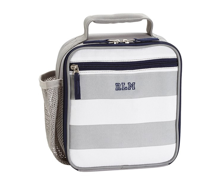 Fairfax Gray/White Stripe Navy Trim Lunch Boxes | Pottery Barn Kids