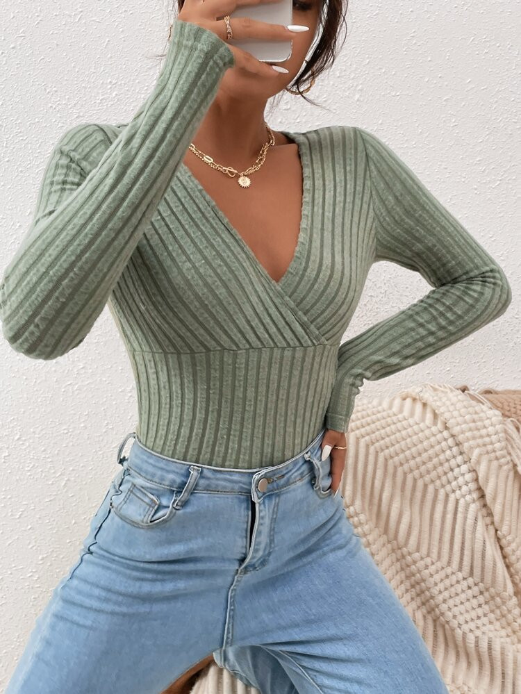 Ribbed Knit Slim Tee Bodysuit | SHEIN