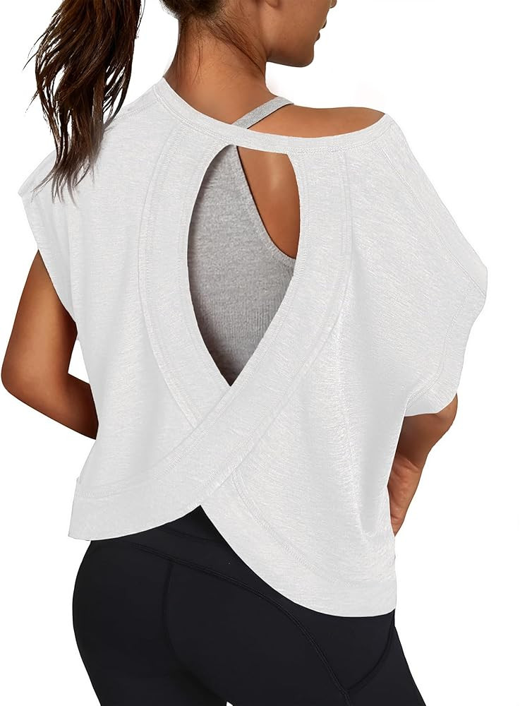 Women Open Back Workout Shirts Short Sleeve Tops Casual Yoga Y2k Athletic Gym Running Crop Tees | Amazon (US)
