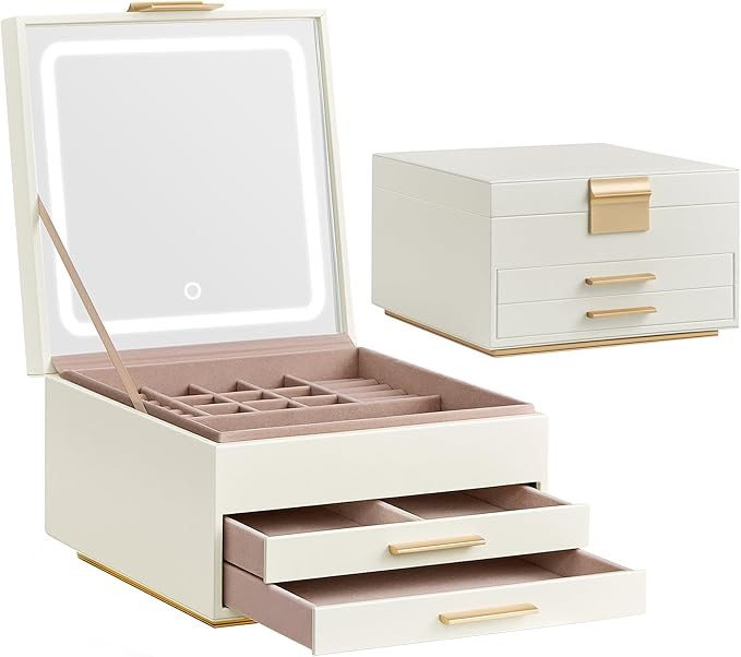 SONGMICS Jewellery Box with Mirror and LED Lights, 3-Layer Jewellery Storage Organiser with 2 Dra... | Amazon (UK)