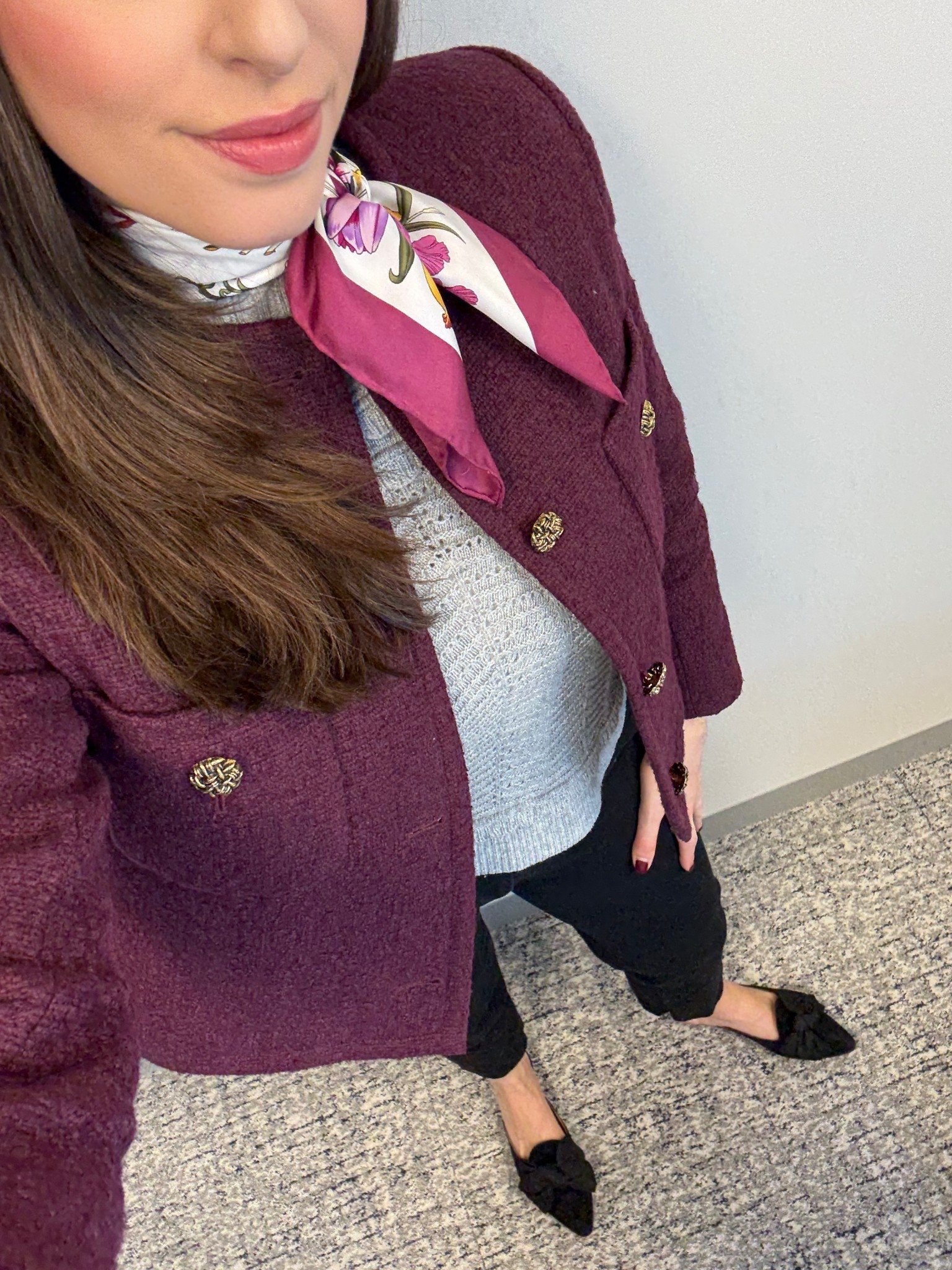 Office style, office outfit, workwear, winter workwear, lawyer, attorney, law firm style, burgundy blazer, tweed blazer, gray sweater, silk scarf, corporate style, winter workwear, winter corporate style, corporate style

#LTKSeasonal #LTKWorkwear #LTKTall